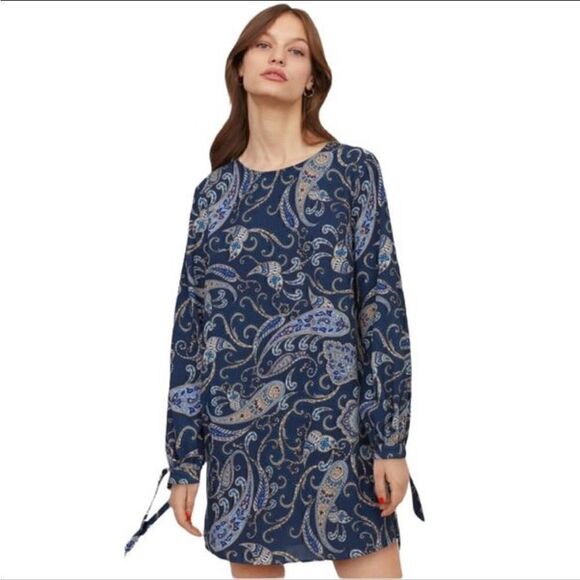 H&M Floral Tunic Shift Dress Long Tie Sleeves Blue Size 4 - Picture 7 of 7